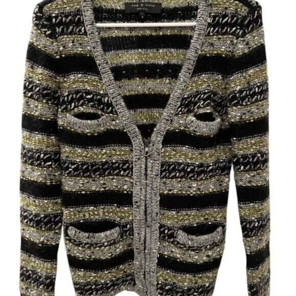 Rag & Bone Womens Striped Knit Cardigan Sweater Black/Green/Gray Wool Blend Size - Picture 9 of 9